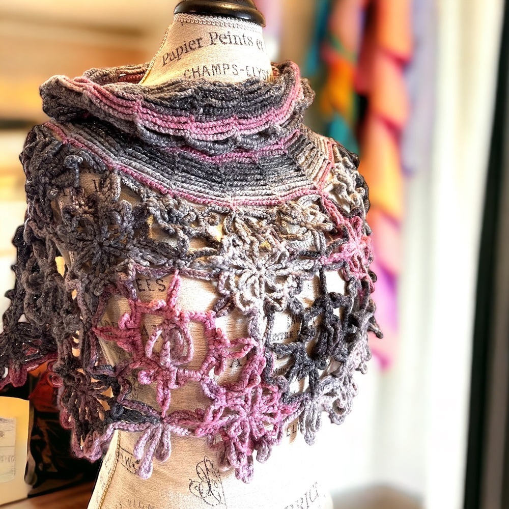 Great for Festival crochet shrug. Fantastic for spring. Gorgeous colors 💜🩶🖤🩷